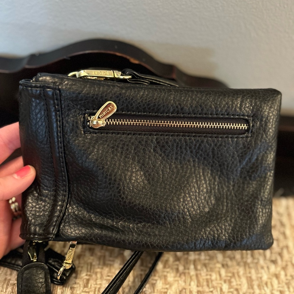 Minicat Pebbled Black Leather Micro Crossbody Bag Purse Adjustable Strap Festive - Picture 3 of 9